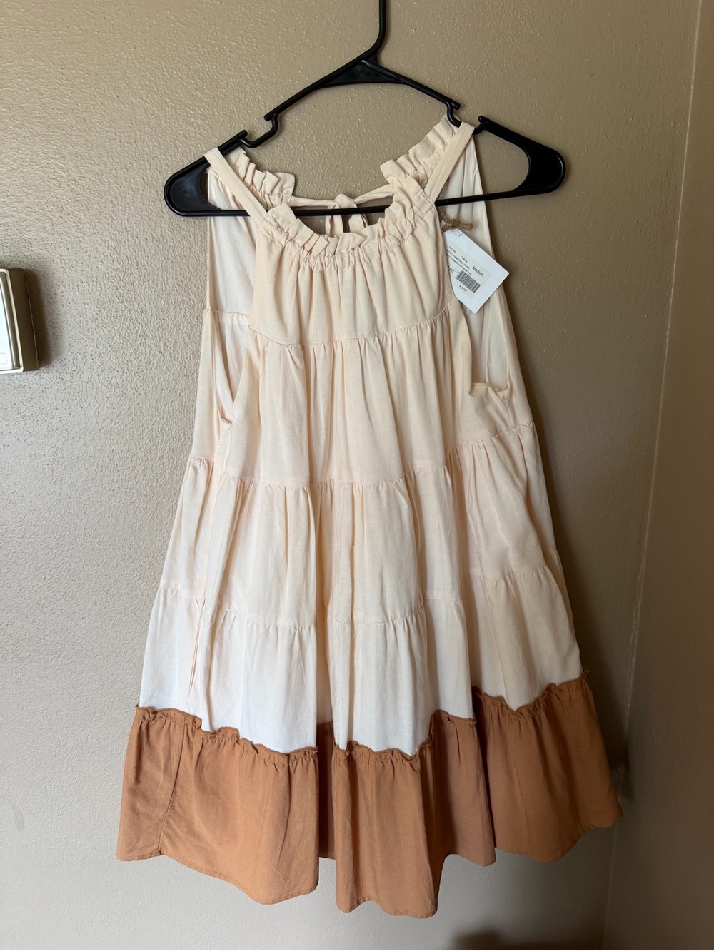 Women’s Two-Tone Ruffle Neck Dress - Cream and Tan Medium